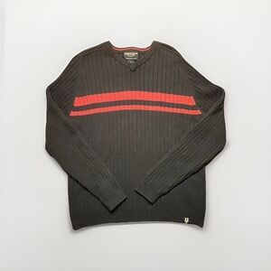 Vintage American Eagle Ribbed V-Neck Sweater Mens XL Blue Red Stripe Cotton Wool